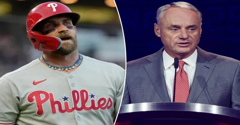 En la foto, Bryce Harper y Rob Manfred