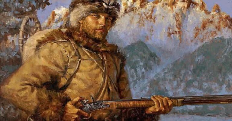 En la foto, una pintura de un hombre armado en las montañas