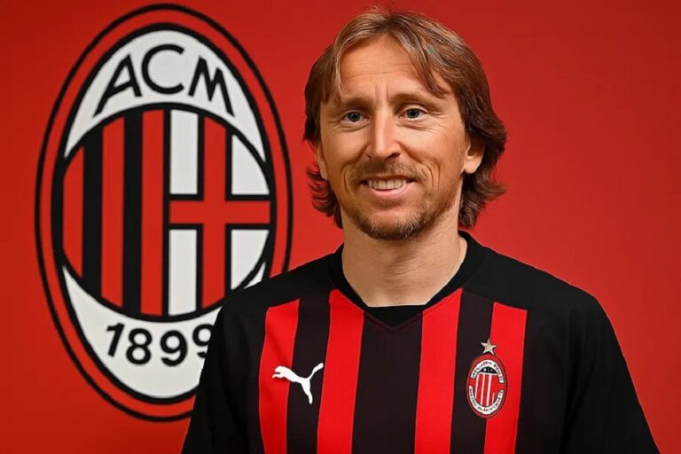 En la foto, una imagen con AI de Luka Modric con la camiseta del Milán AC