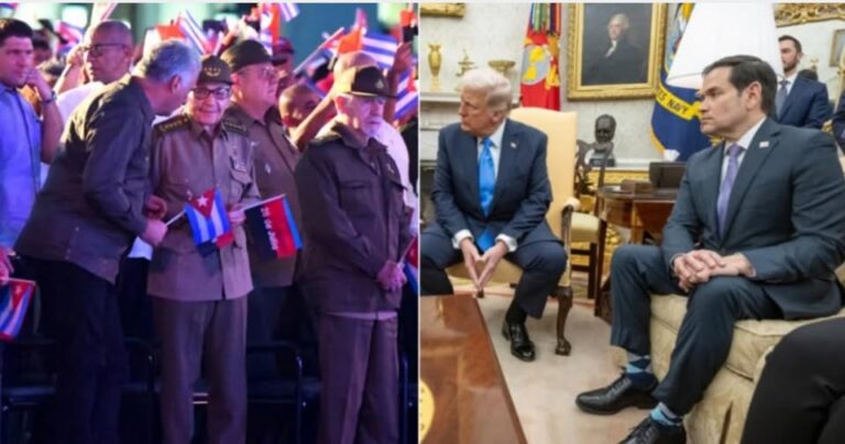 En la foto, montaje donde se ve a los dirigentes castristas por un lado y Trump y Marco Rubio por el otro