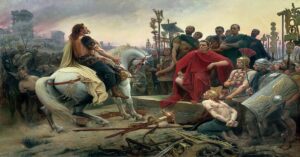 En la foto, la pintura de 1899 de Lionel Noel Royer "Vercingetorix arroja sus armas a los pies de Julio César"