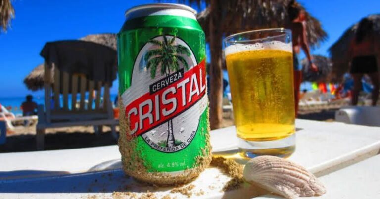 En la foto, una lata y un vaso con cerveza Cristal en la arena
