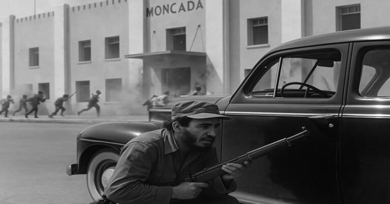 En la foto, una imagen de Ai en la que se ve a Fidel Castro escondido detrás de un auto en el Moncada