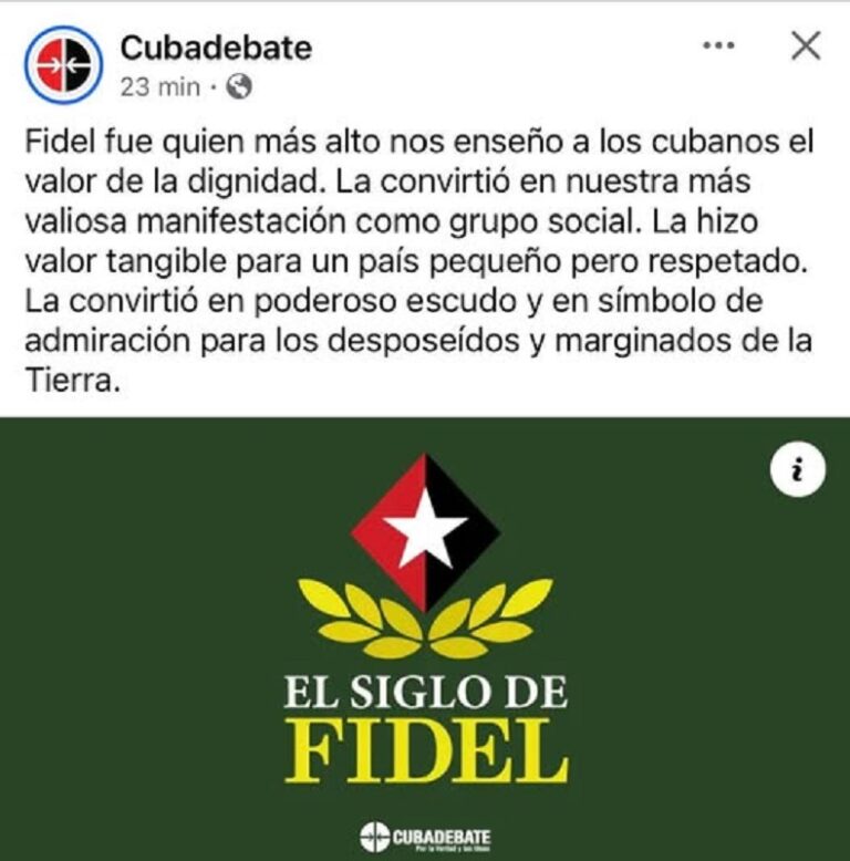 En la foto, una publicación de Cubadebate elogiando a Fidel Castro