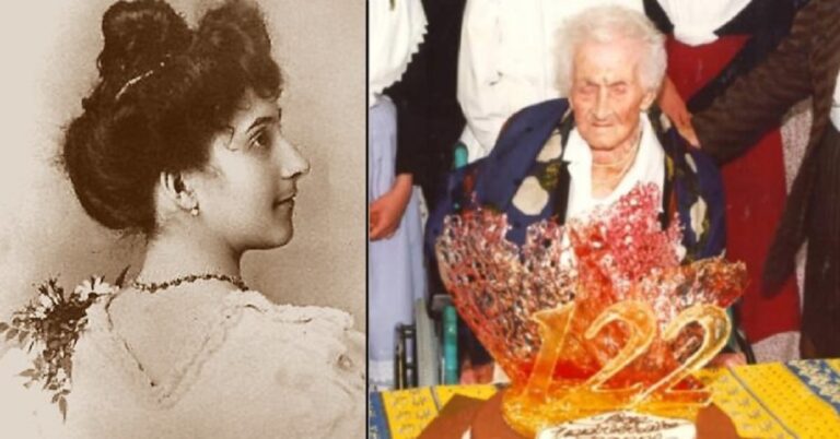 En la foto, Madame Jeanne Calment cuando joven y en su 122 cumpleaños