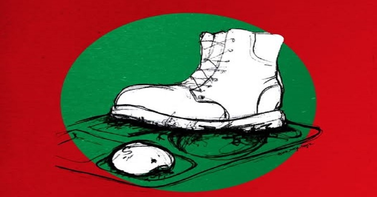 En la foto, un dibujo de una bota militar