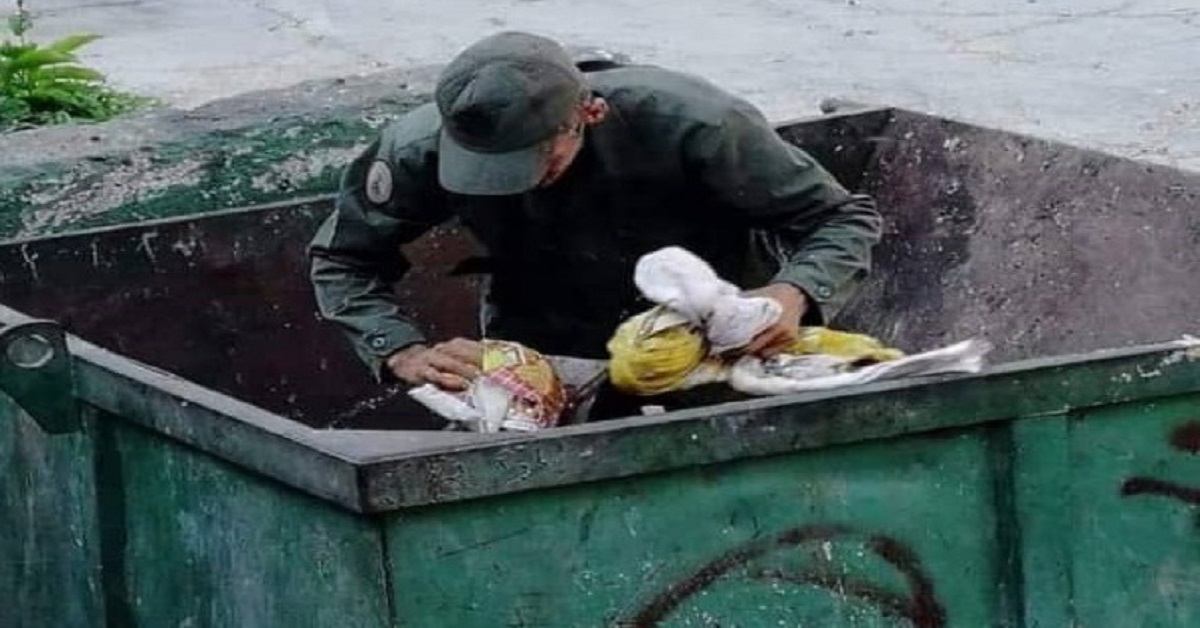 En la foto, un anciano con ropa militar, busca comida en la basura