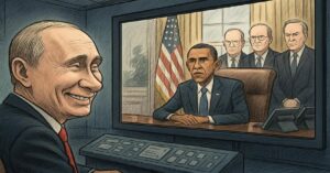 En la foto, una imagen de Ai en la que se ve a Putin y Brack Obama