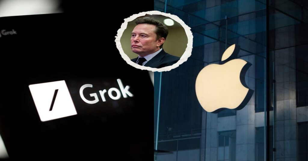 En la foto, un montaje con los logos de Grok, Apple y una foto de Elon Musk