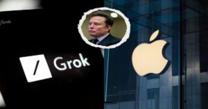 En la foto, un montaje con los logos de Grok, Apple y una foto de Elon Musk