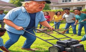 En la foto, una imagen de Ai con Donald Trump cortando césped