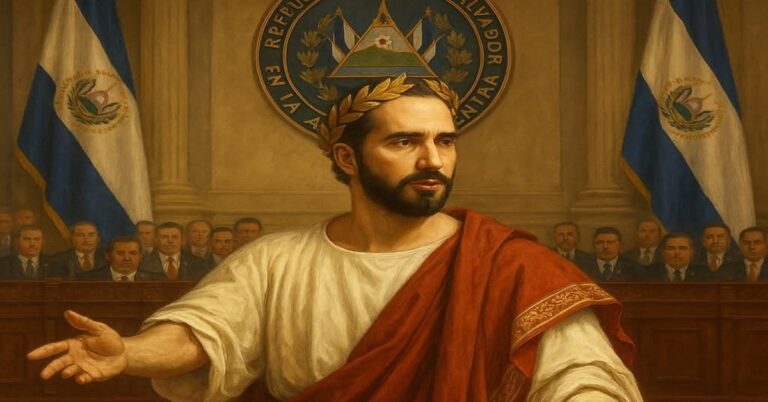 En la foto, una imagen de Nayib Bukele como emperador romano