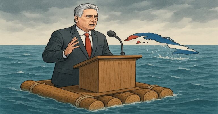 En la foto, una imagen de AI en la que se ve Canel sobre una balsa en el mar