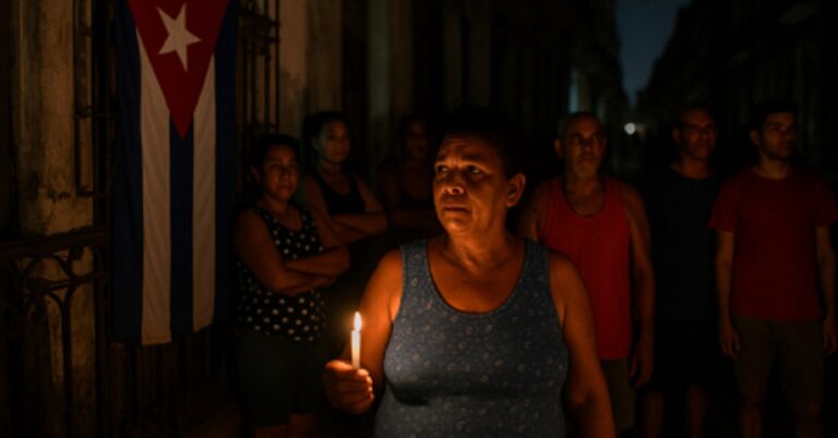 En la foto, cubanos en un cuarto oscuro, alumbrados por una tenue vela