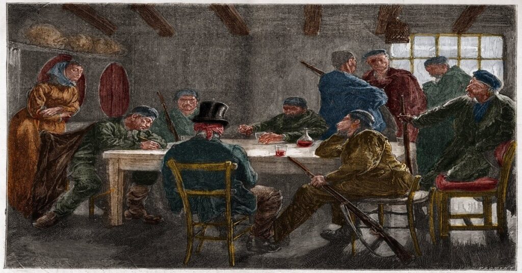 En la foto, La imagen es un grabado de 1873 titulado “Interrogatorio de un Terrateniente por Mafiosos Sicilianos.”