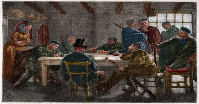 En la foto, La imagen es un grabado de 1873 titulado “Interrogatorio de un Terrateniente por Mafiosos Sicilianos.”