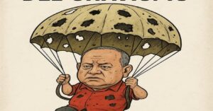 En la foto, un dibujo de Diosdado Cabello, cayendo en un paracaídas con huecos
