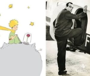 En la foto, Antoine de Saint Exupery y una imagen de El Principito