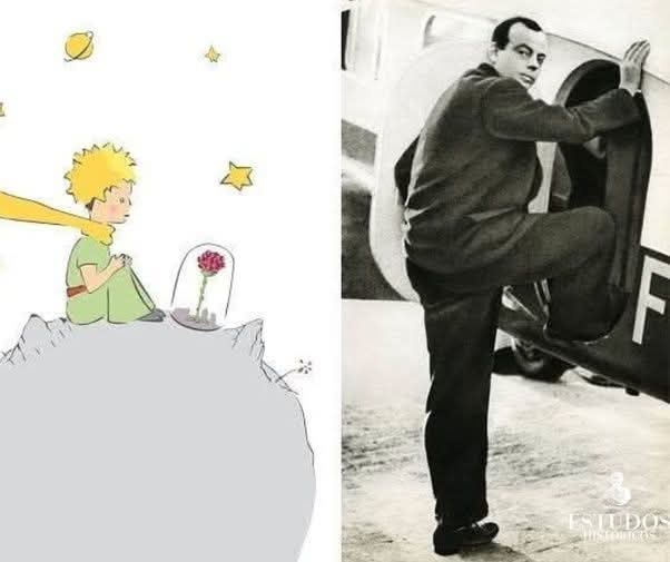 En la foto, Antoine de Saint Exupery y una imagen de El Principito