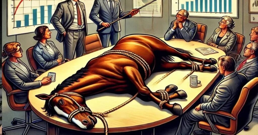 En la foto, dibujo de un caballo muerto, sobre una mesa, rodeado de personas