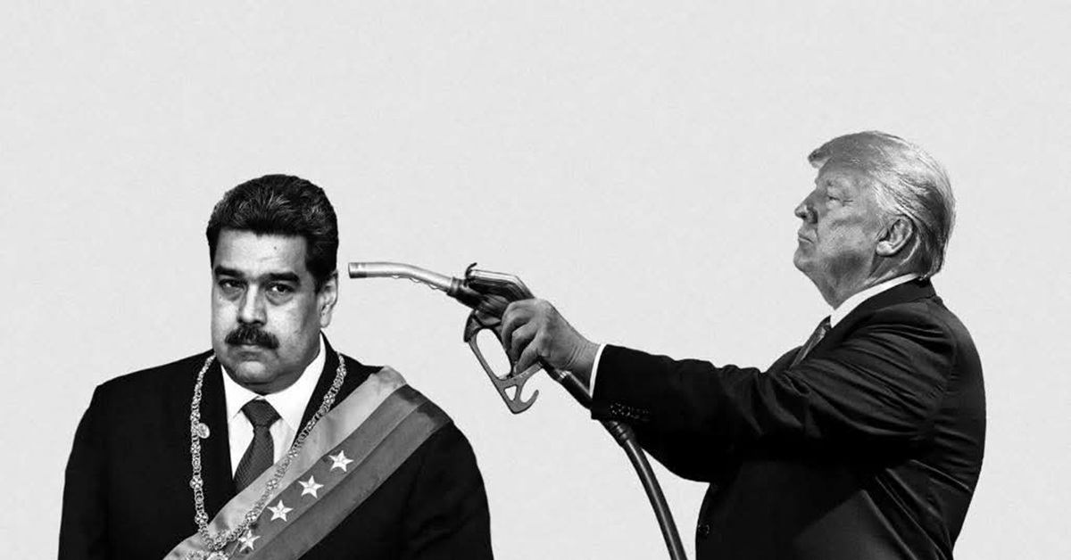 En la foto, un montaje con Trump apuntando con una bomba de gasolina a Maduro