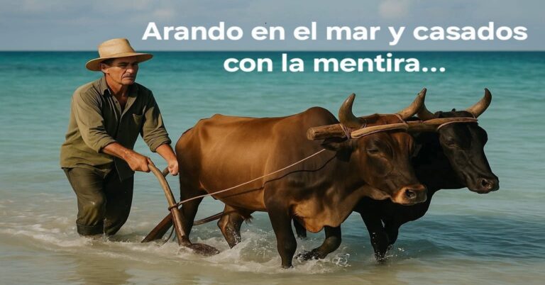 En la foto, una imagen con AI de un hombre arando con bueyes en el mar
