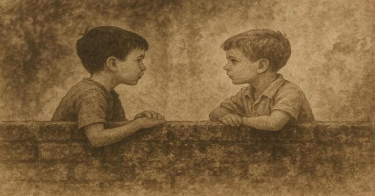 En la foto, un dibujo en sepia de dos niños hablando en un banco