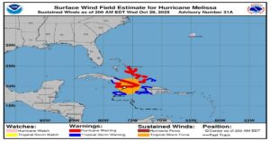 En la foto, momento en que Melissa toca tierra en Cuba