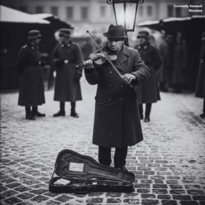 En la foto, el violinista que tocaba en Varsovia
