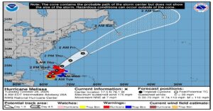 En la foto, mapa sobre el supuesto desplazamiento de Melissa