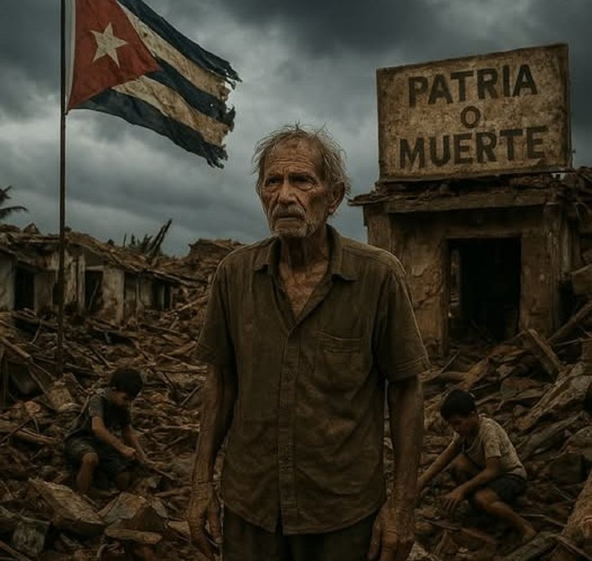 En la foto, una imagen con Ai de Cuba en ruinas