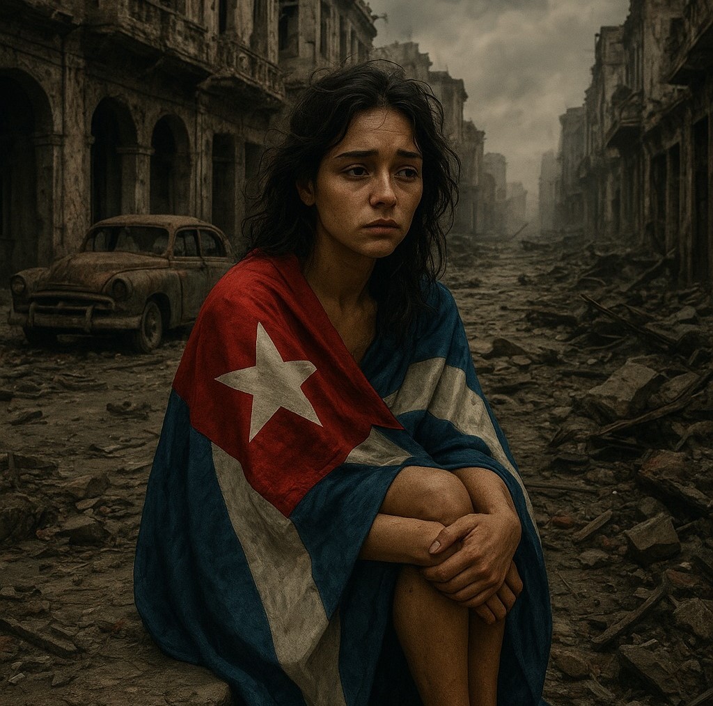 En la foto, una imagen de Ai de una calle de Cuba, donde aparece una joven tapada con la bandera cubana