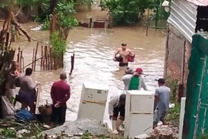 En la foto, personas intentan rescatar de las aguas útiles del hogar