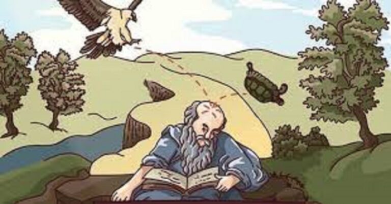 En la foto, un dibujo que muestra cómo murió Esquilo, al caerle una tortuga en la cabeza