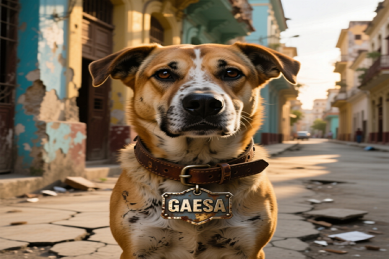 En la foto, un perro con un collar que dice GAESA
