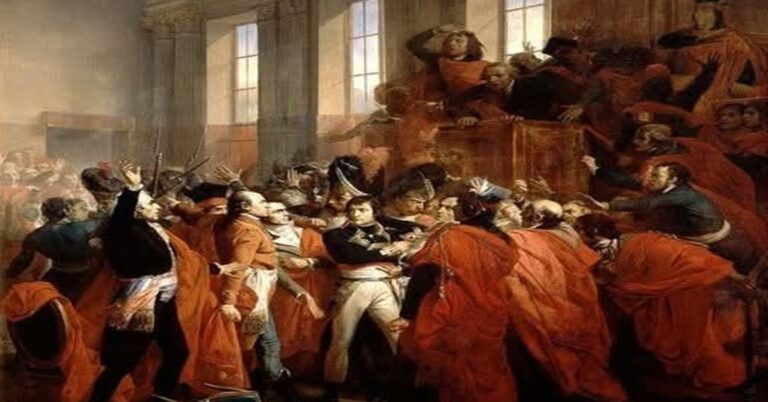 En la foto, La pintura es “General Bonaparte en el Consejo de los Quinientos”, de François Bouchot (1840).