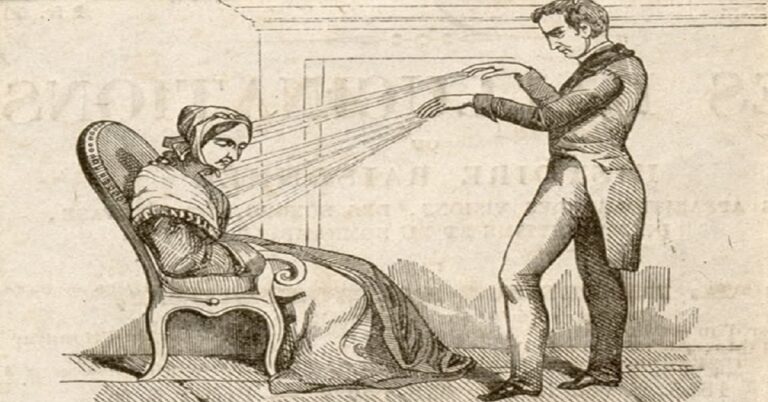 En la foto, Grabado en madera de un msmerista trabajando