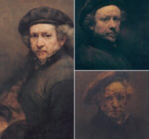 En la foto, autorretratos de Rembrandt