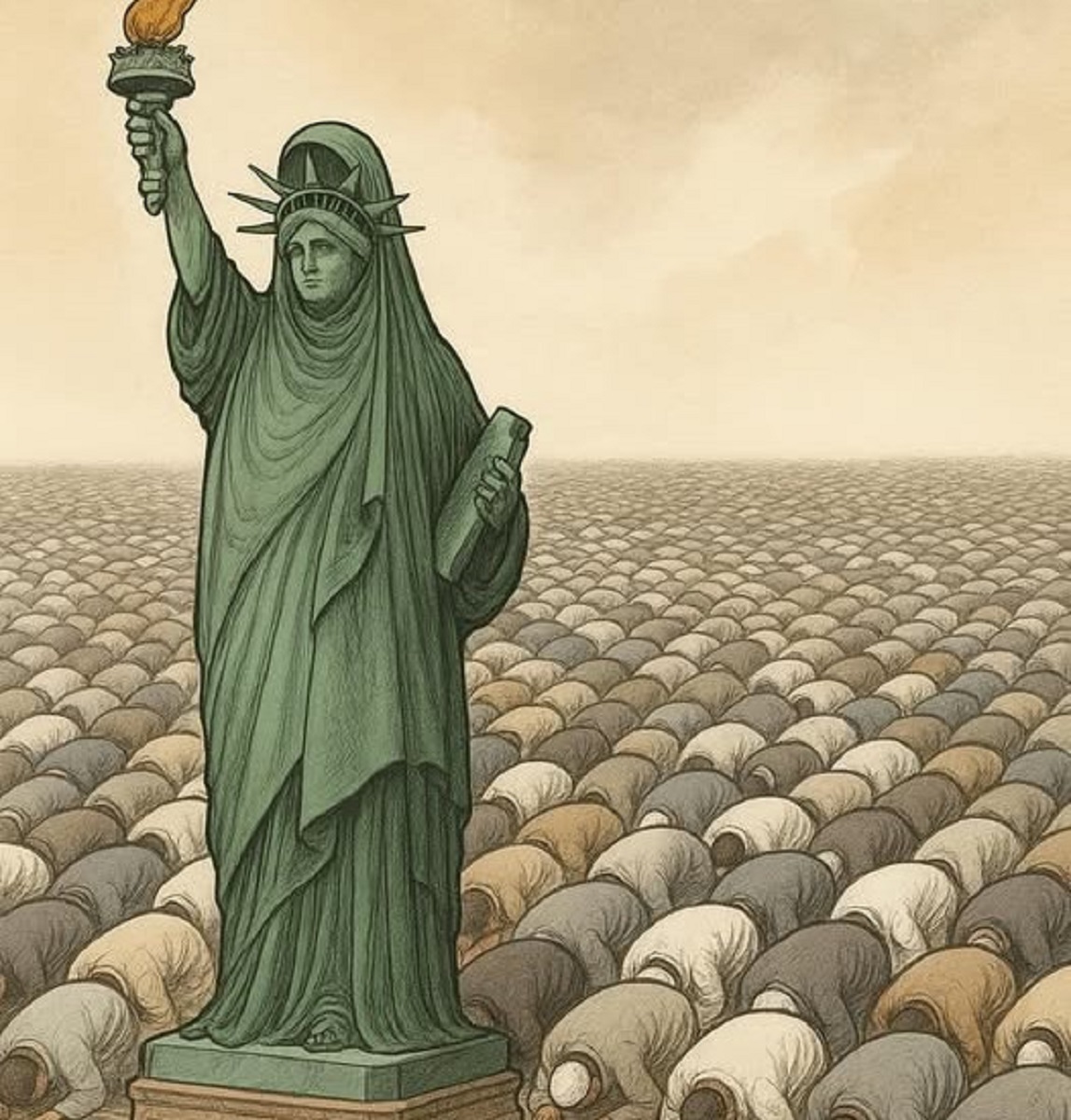 En la foto, una imagen generada con AI de la Estatua de la Libertad rodeada de islamistas