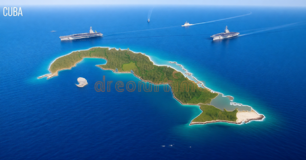 En la foto, una imagen generada por AI donde se ve a Cuba rodeada por la armada de EEUU