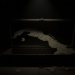 En l foto, el mapa de Cuba dentro de un ataud