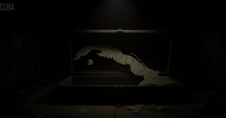 En l foto, el mapa de Cuba dentro de un ataud