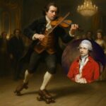 En la foto, Merlin en patines y tocando el violín