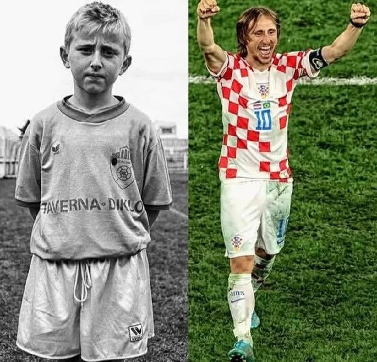 En la foto, Luka Modric en dos tiempos: de niño y con la camiseta de Croacia
