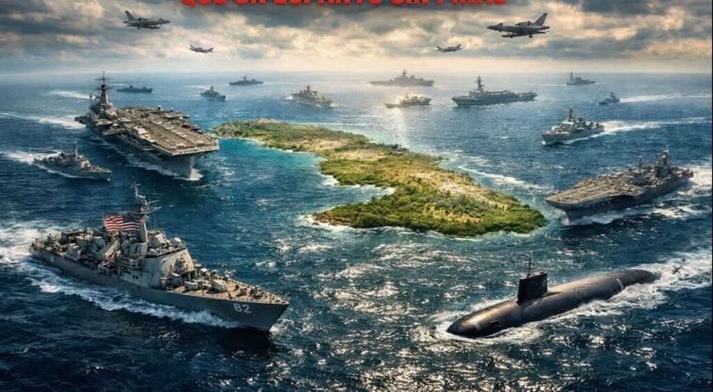 En la foto, la isla de Cuba rodeada de barcos de guerra