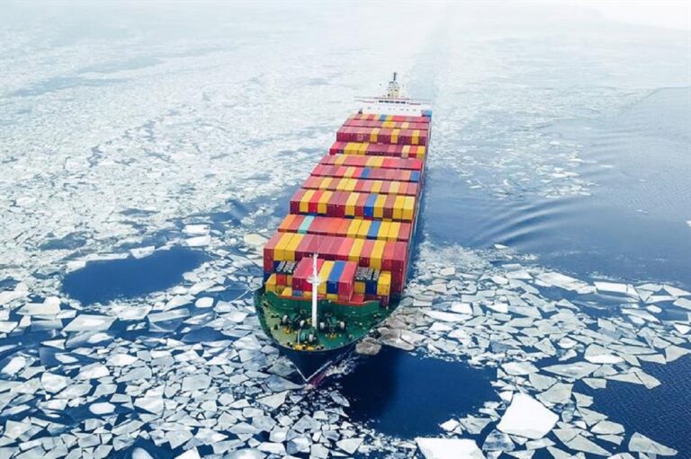 En la foto, un barco portacontenedores en el Ártico