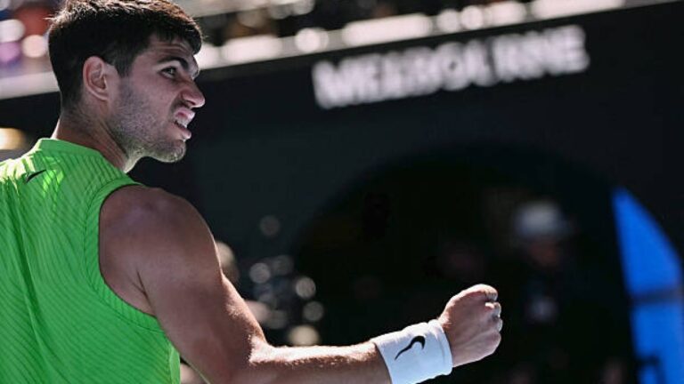 En la foto, momento del partido entre Alcaraz y Yannick Hanfmann