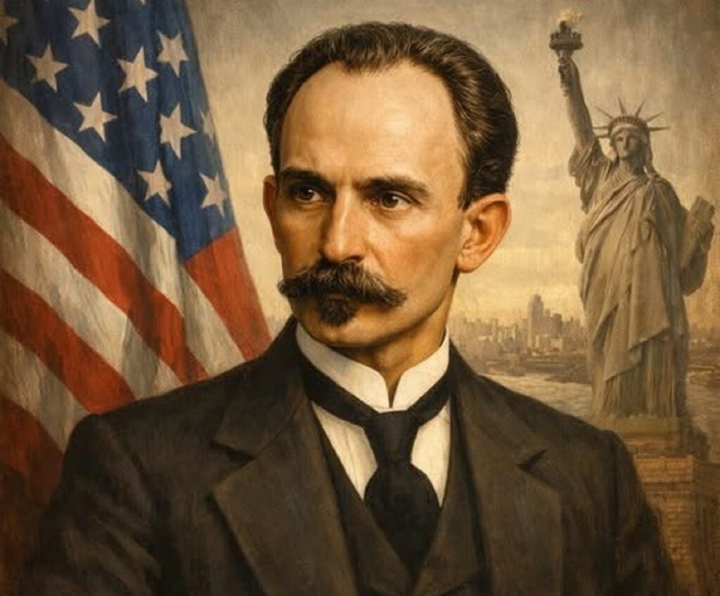 En la foto, Martí rodeado de símbolos estadounidenses