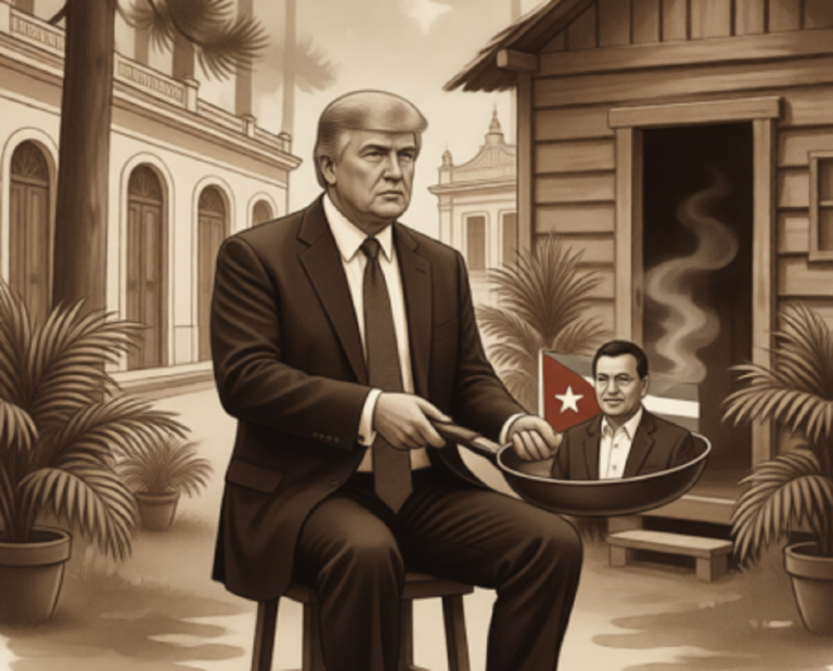 En la foto, una imagen de Ai en la que aparece Trump con una sartén en la mano