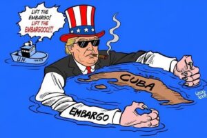 En la foto, una imagen con Trup rodeando a la isla y la ONu pidiendo el fin del embargo